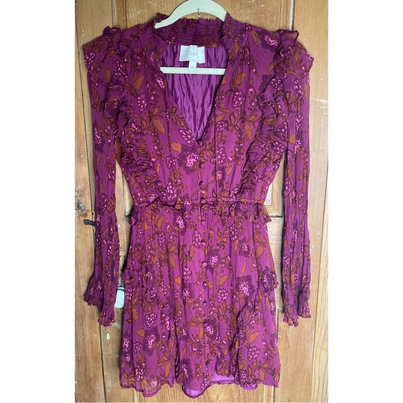 Cleobella maroon Floral Ruffle Long Sleeve mini Dress - Picture 1 of 11